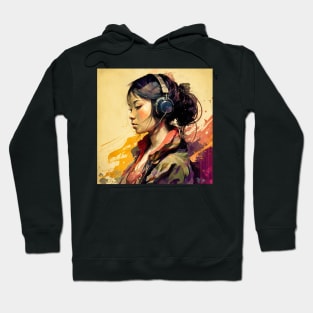 Music Lover-Listening to Music with Earphones-Asian Woman Hoodie